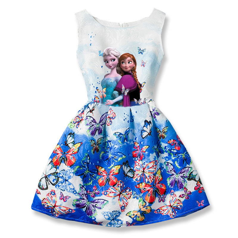 Summer Girls Dress Anna Elsa Dress Party Vestidos Teenagers Butterfly Print Princess Dress for Girls Elza Baby Girl Clothes