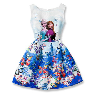 Summer Girls Dress Anna Elsa Dress Party Vestidos Teenagers Butterfly Print Princess Dress for Girls Elza Baby Girl Clothes