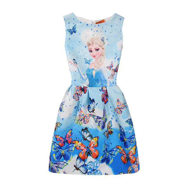 Summer Girls Dress Anna Elsa Dress Party Vestidos Teenagers Butterfly Print Princess Dress for Girls Elza Baby Girl Clothes