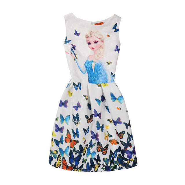 Summer Girls Dress Anna Elsa Dress Party Vestidos Teenagers Butterfly Print Princess Dress for Girls Elza Baby Girl Clothes