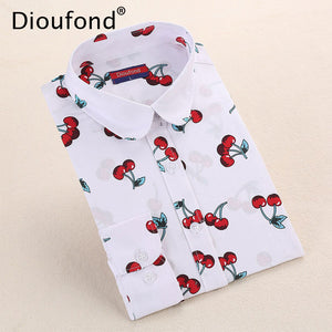 Dioufond New Floral Long Sleeve Vintage Blouse Cherry Turn Down Collar Shirt Blusas Feminino Ladies Blouses Womens  Tops Fashion